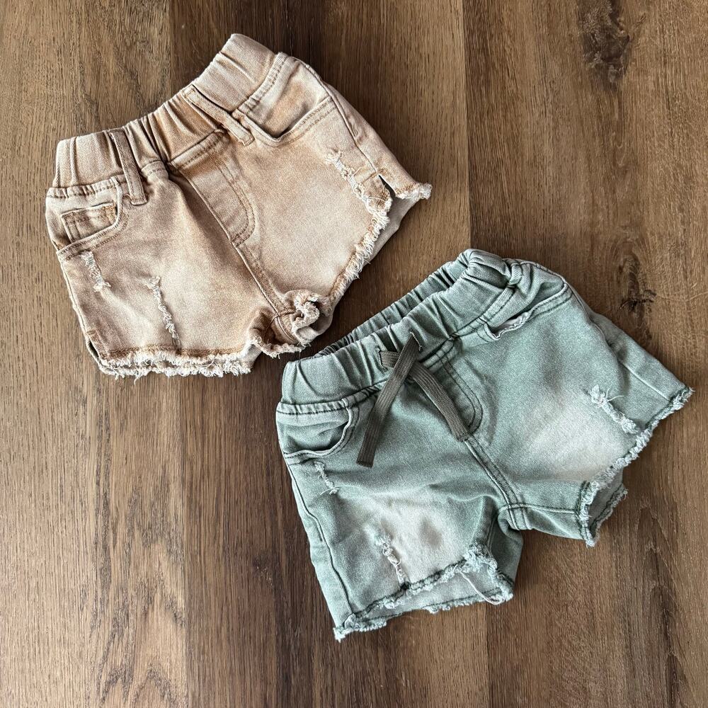 Little Bipsy Cut Off Custom-distressed Denim Shorts, Tan and Green
